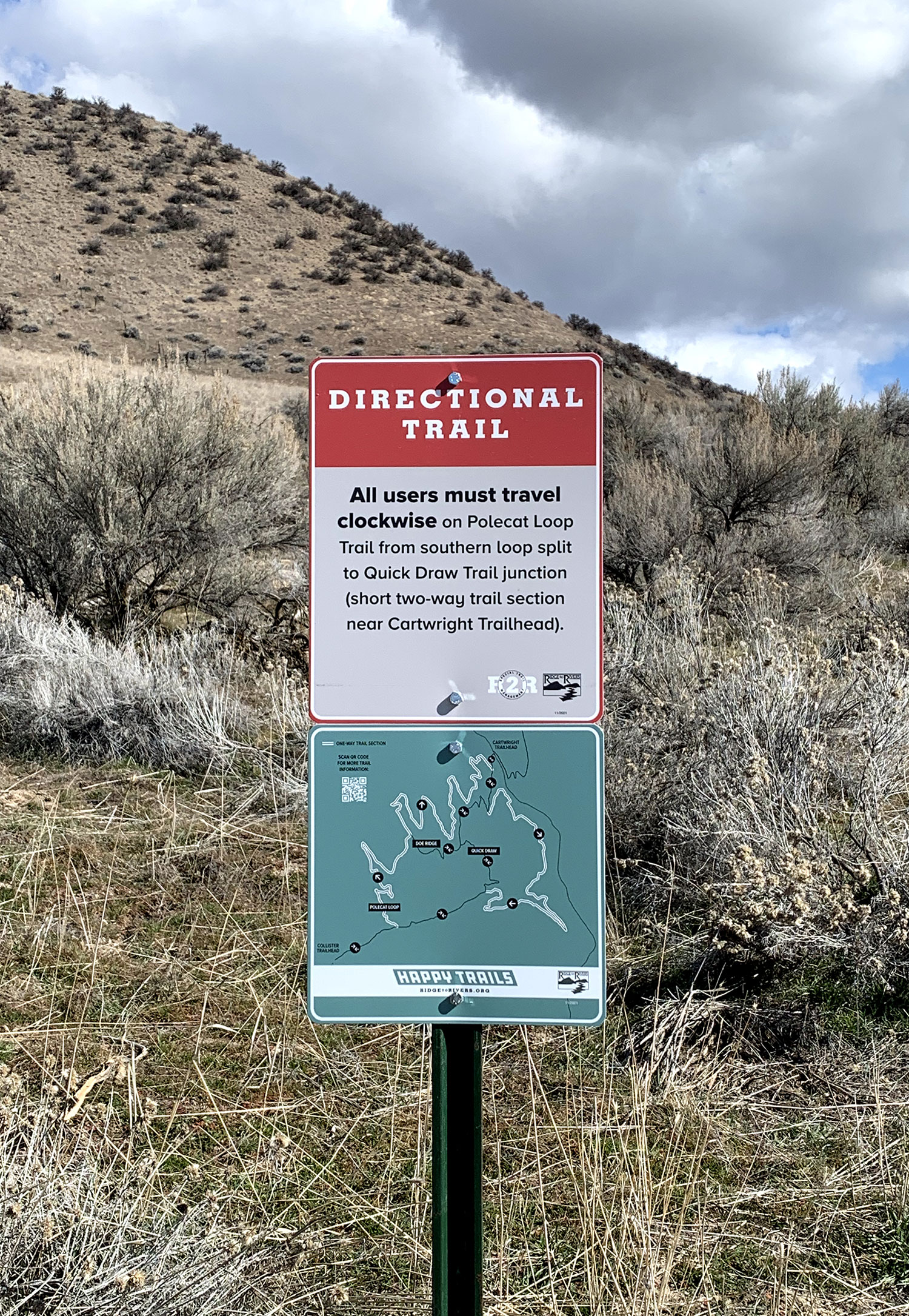 Ridge to Rivers is using signage to warn users of trail directional travel. The signs include a map with a QR code that links to the organizations interactive map.