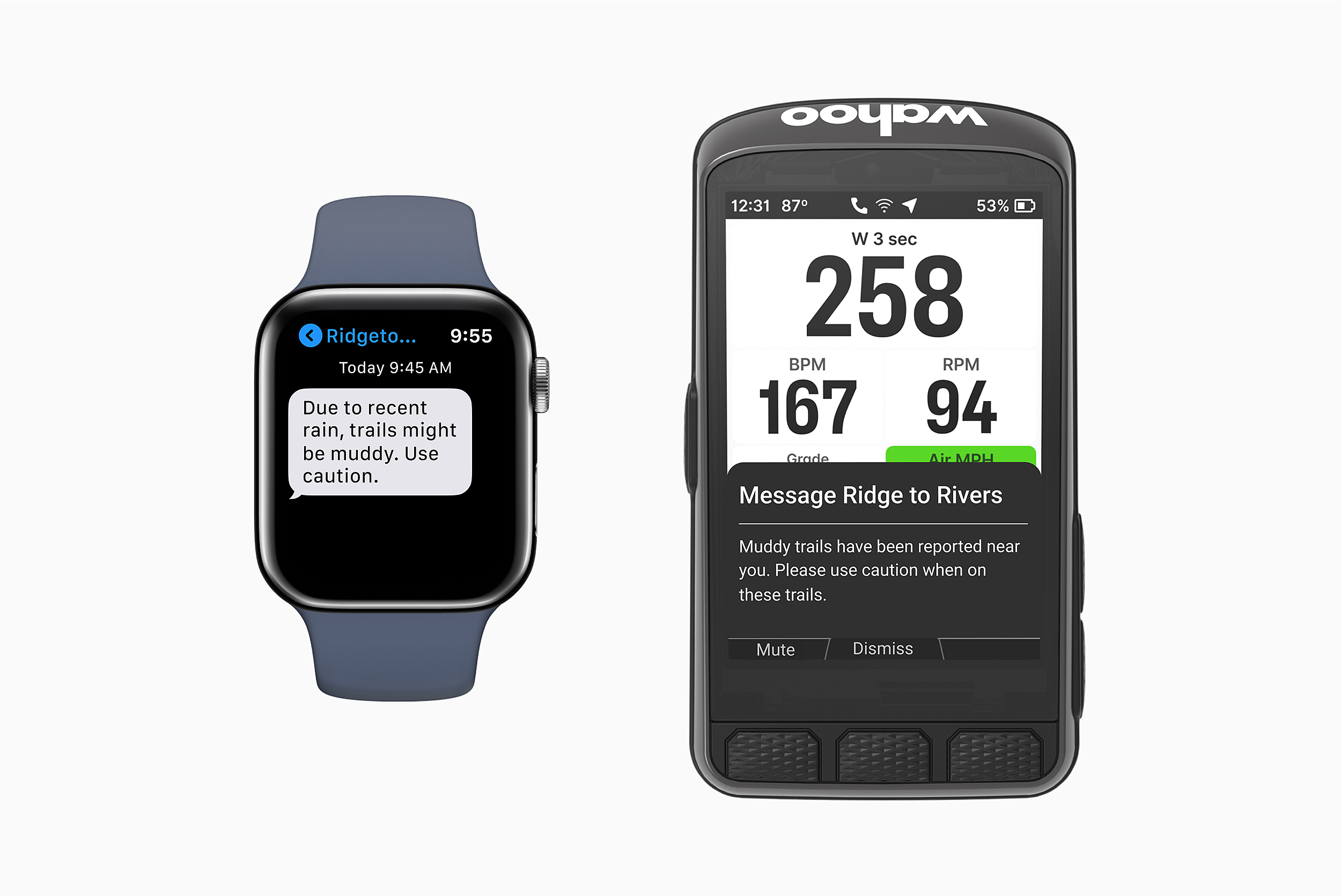 The Apple watch and Wahoo Elemnt Ace The Apple watch and Wahoo Elemnt Ace cycling computer both allow for text messaging.