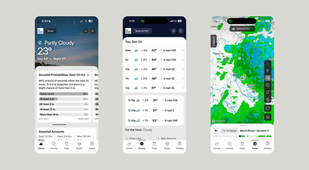 The paid Weather Channel iOS version offers a more detailed hour by hour view, more details for rain and now, and a 72-hour radar.
