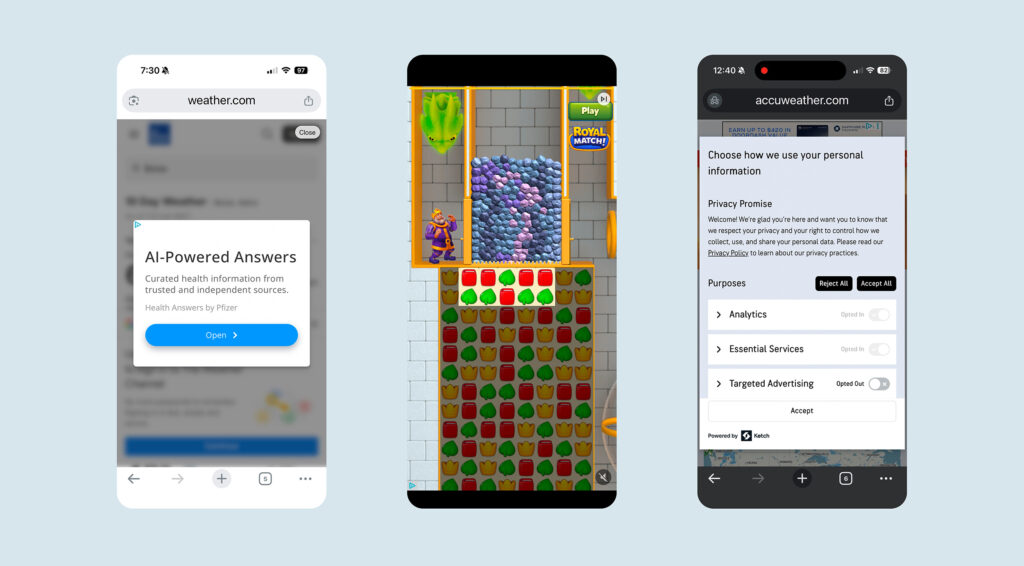 The Weather Channel and Accuweather use full screen ads. Accuweather also employs a dark pattern to get people to accept the privacy settings - notice the buttons, Accept All and Accept.