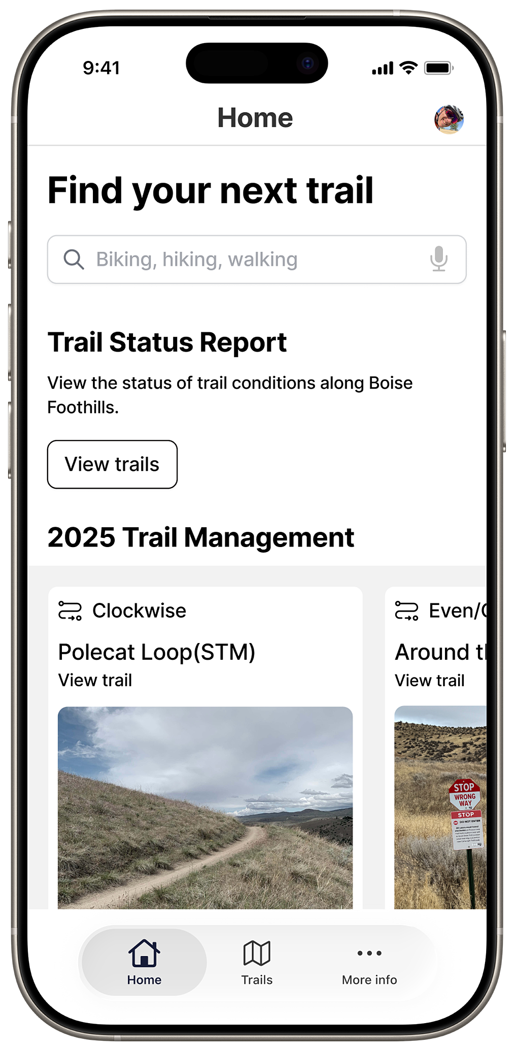 exploration-new On optimal days, the interface prioritizes exploration with search, trail cards, and directional guidance to support quick planning.